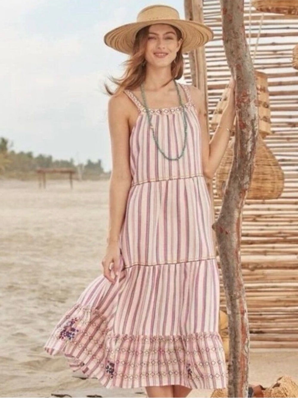 Sundance Veria Striped Embroidered Tiered Maxi Boho Sundress Beach Festival L